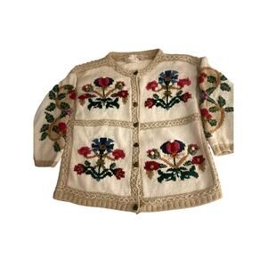 Venezia Hand Knit Floral Cardigan Ramie Cotton Cottagecore Folk Sweater 18/20